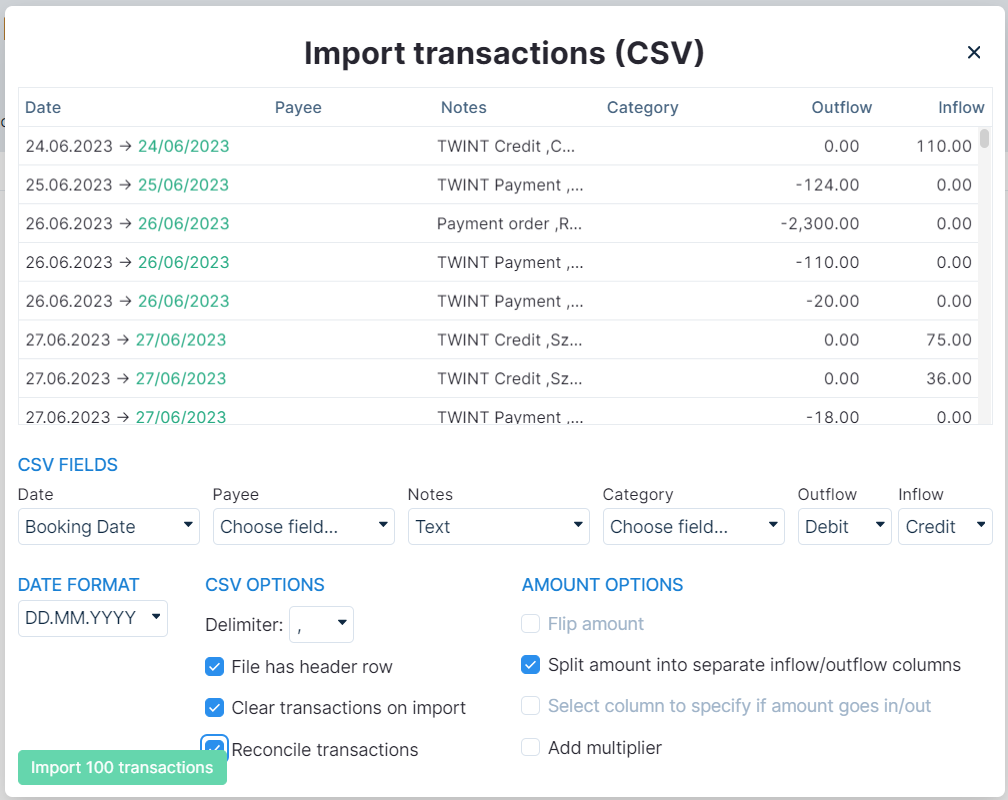 CSV import configuration